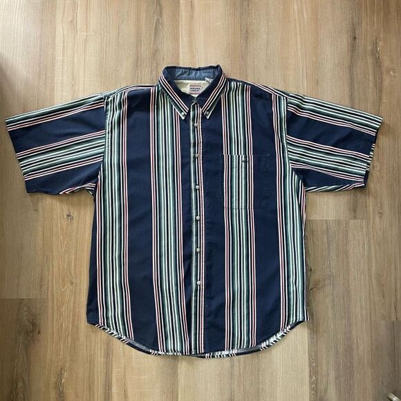 Vintage Bugle Boy Company Men’s XL Blue Green Pink Striped Button Down Shirt - Picture 1 of 4